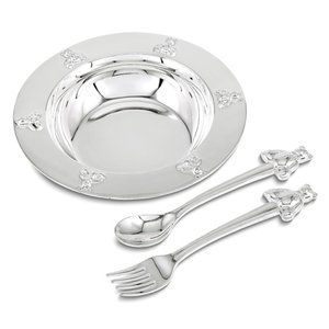 Silver-Plated Teddy Bear Baby Bowl, spoon and fork Feeding Set